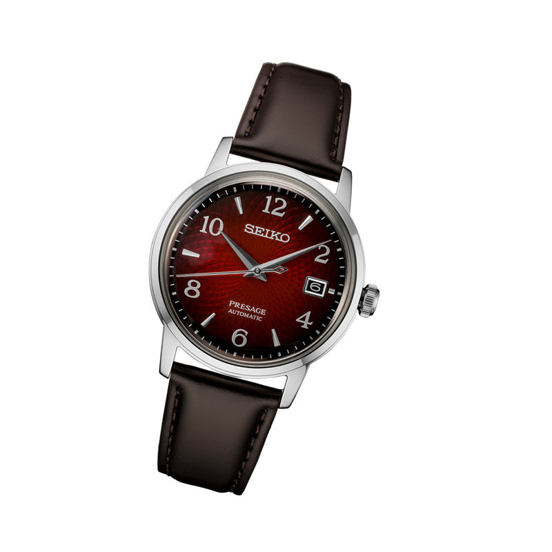 Seiko Presage Automatic Dress Watch with Red Arabic Dial #SRPE41 tilt