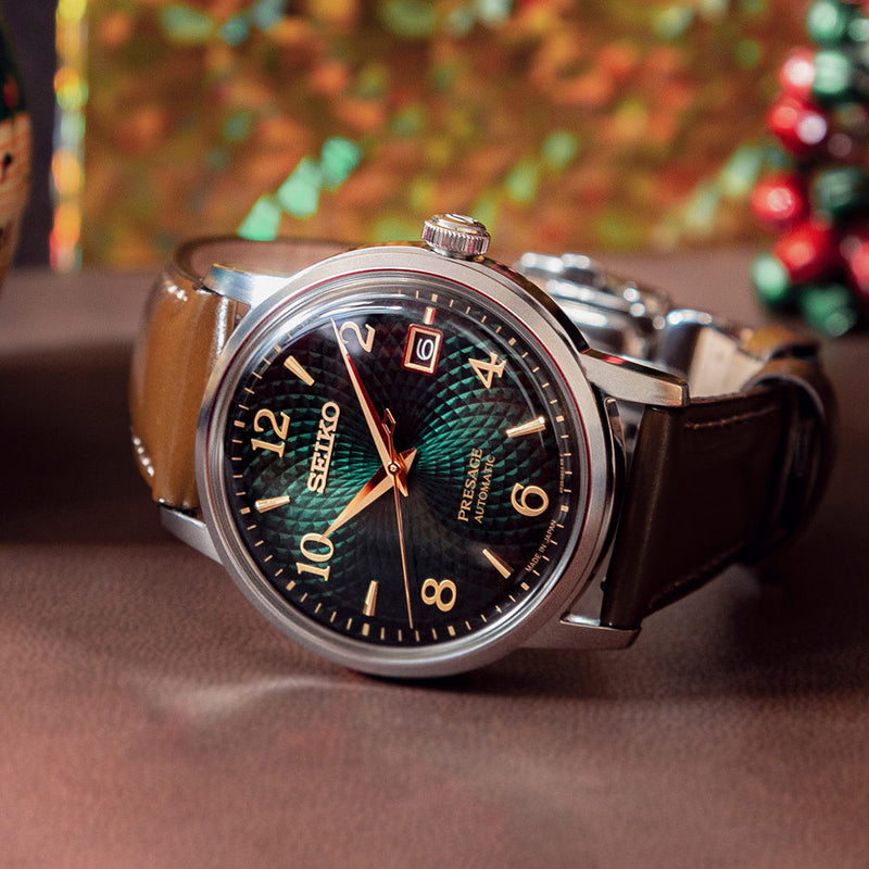 Seiko Presage Automatic Dress Watch with Green Arabic Dial and Gold Accents #SRPE45 — Long Island Watch