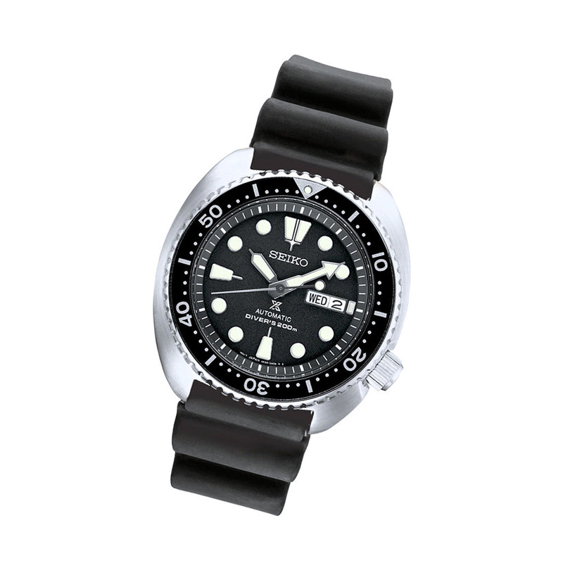 Seiko Turtle Prospex Automatic Dive Watch with Black Dial and Black Silicone Dive Strap #SRPE93 Tilt