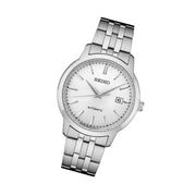 Seiko Essentials Automatic Dress Watch with White Sunray Dial #SRPH85 tilt
