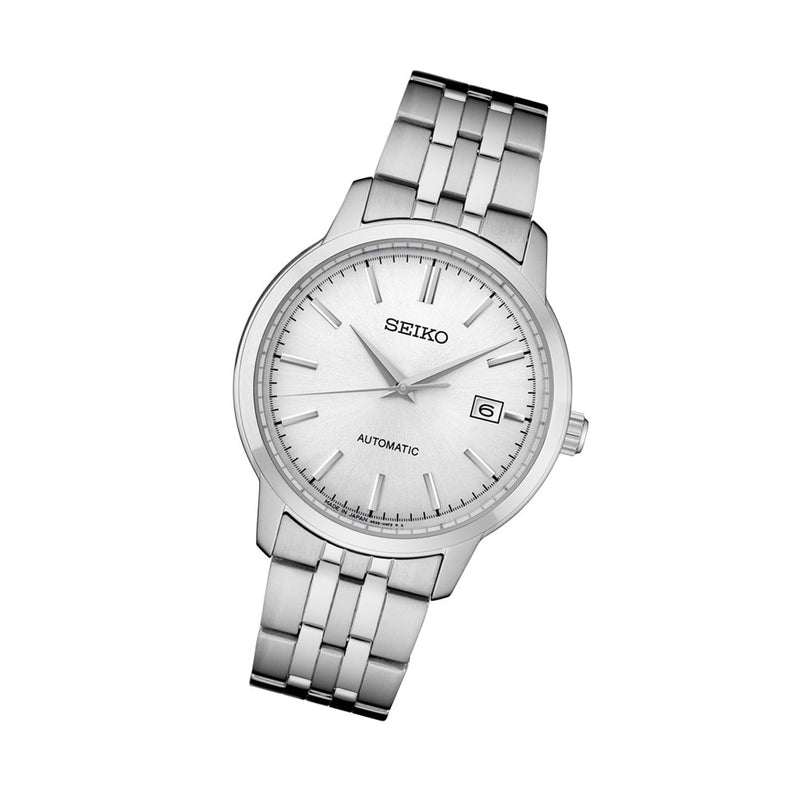 Seiko Essentials Automatic Dress Watch with White Sunray Dial #SRPH85 tilt