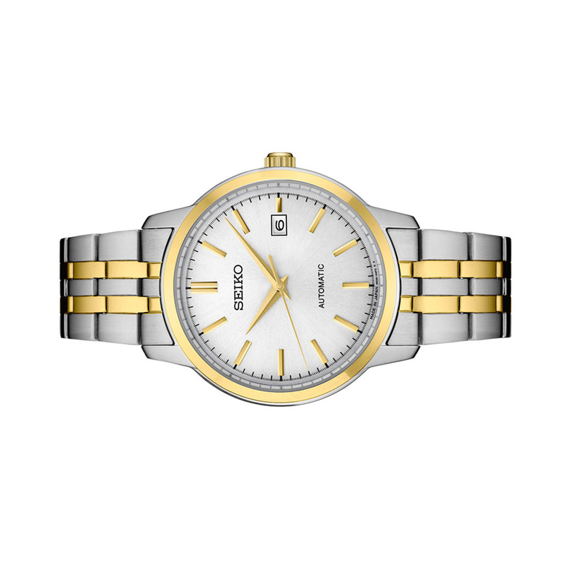 Seiko Essentials Automatic Dress Watch with White Sunray Dial and Two-Tone Case and Bracelet #SRPH92 side