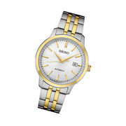 Seiko Essentials Automatic Dress Watch with White Sunray Dial and Two-Tone Case and Bracelet #SRPH92 tilt