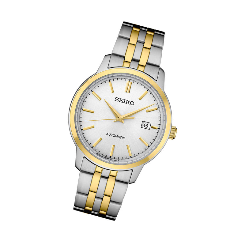 Seiko Essentials Automatic Dress Watch with White Sunray Dial and Two-Tone Case and Bracelet #SRPH92 tilt
