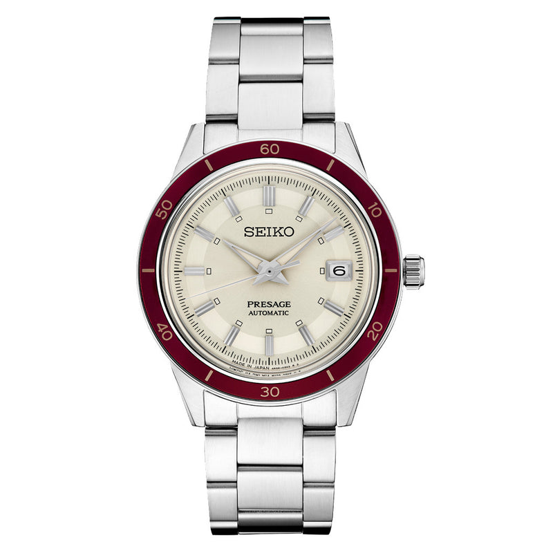 Seiko Presage Automatic 1960's Style Dress Watch with White Dial and Red Bezel #SRPH93 zoom