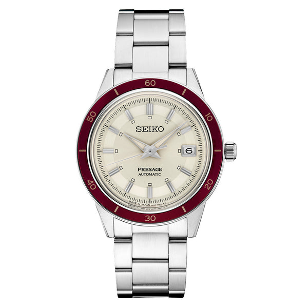 Seiko Presage Automatic 1960's Style Dress Watch with White Dial and Red Bezel #SRPH93 zoom