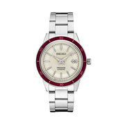 Seiko Presage Automatic 1960's Style Dress Watch with White Dial and Red Bezel #SRPH93
