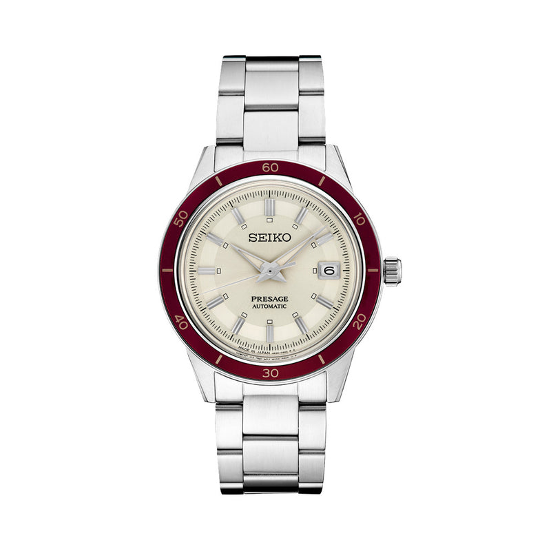 Seiko Presage Automatic 1960's Style Dress Watch with White Dial and Red Bezel #SRPH93