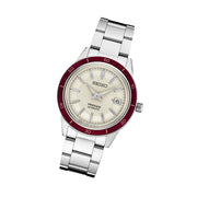 Seiko Presage Automatic 1960's Style Dress Watch with White Dial and Red Bezel #SRPH93 tilt