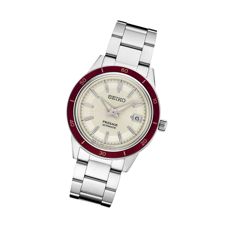 Seiko Presage Automatic 1960's Style Dress Watch with White Dial and Red Bezel #SRPH93 tilt