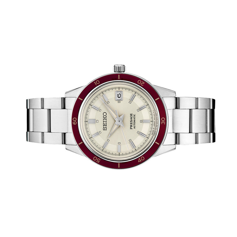 Seiko Presage Automatic 1960's Style Dress Watch with White Dial and Red Bezel #SRPH93 side