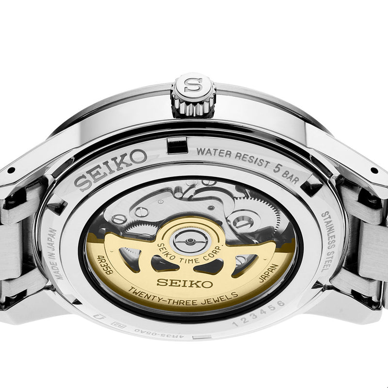 Seiko Presage Automatic 1960's Style Dress Watch with White Dial and Red Bezel #SRPH93 back zoom