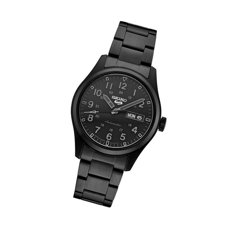Seiko 5 Sports Field Watch in Stealth Black on Bracelet #SRPJ09 tilt