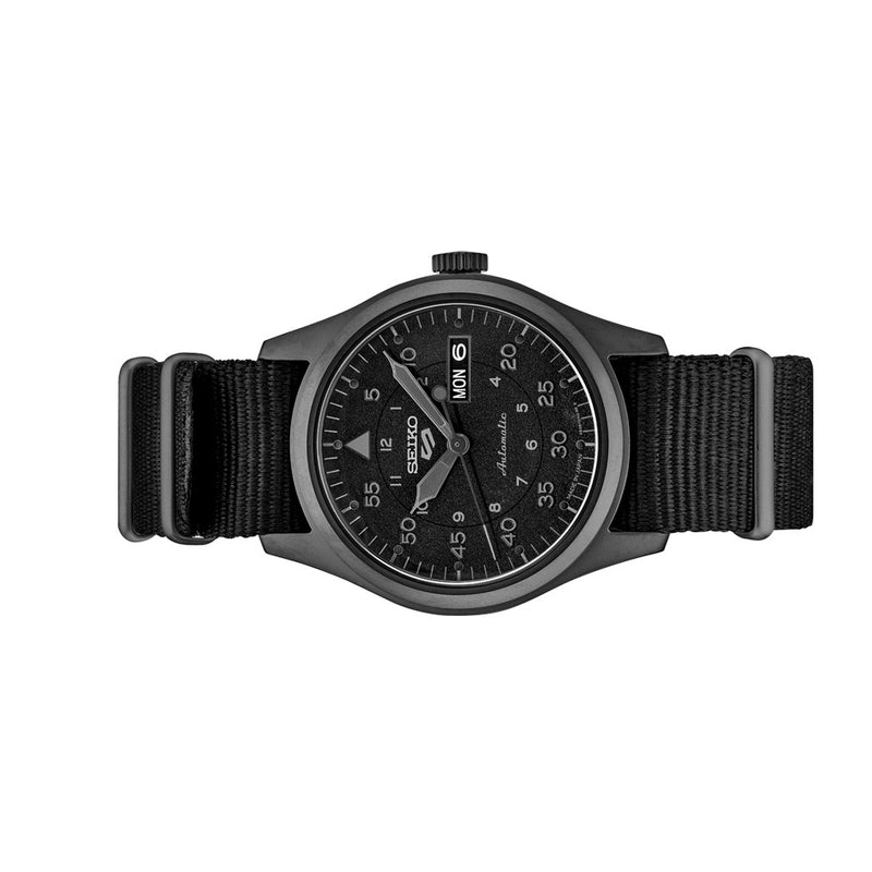 Seiko 5 Sports Field Watch in Stealth Black on Nylon Strap #SRPJ11 side