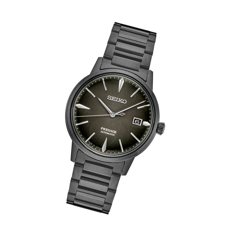 Seiko Presage Automatic Dress watch in Full Black Plating and Gradated Black Dial with Gloss Finish #SRPJ15 tilt