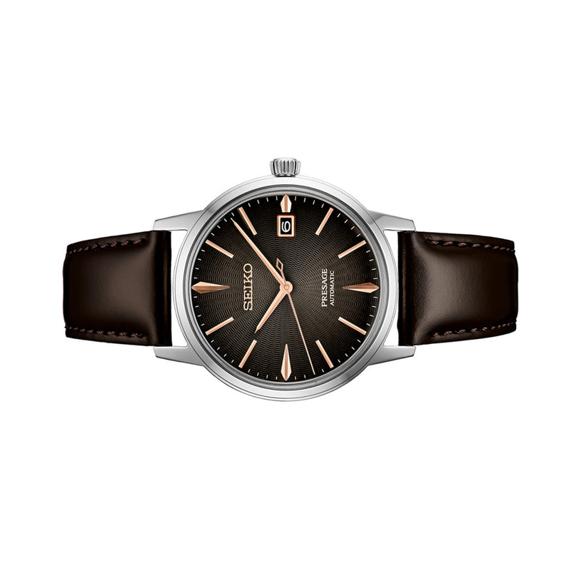 Seiko Presage Automatic Dress Watch with Gradated Gray/Brown Dial and Rose Gold Markers #SRPJ17 side
