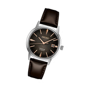 Seiko Presage Automatic Dress Watch with Gradated Gray/Brown Dial and Rose Gold Markers #SRPJ17 tilt
