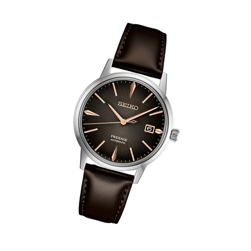 Seiko Presage Automatic Dress Watch with Gradated Gray/Brown Dial and Rose Gold Markers #SRPJ17 tilt