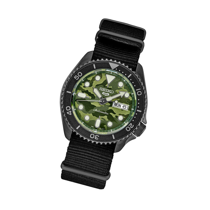 Seiko 5 Sports Automatic Watch with Green Camo Dial and Gun Metal Case #SRPJ37 tilt