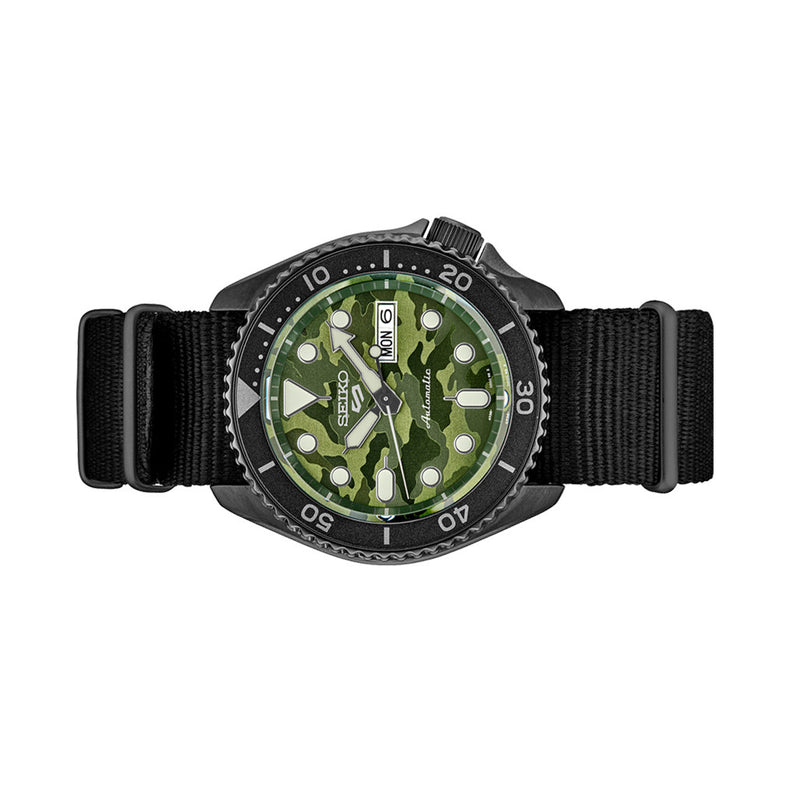 Seiko 5 Sports Automatic Watch with Green Camo Dial and Gun Metal Case #SRPJ37 side
