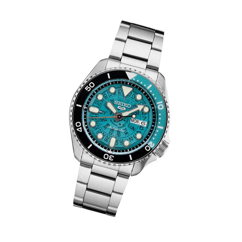 Seiko 5 Sports Automatic Watch with Blue See-Thru Dial #SRPJ45 tilt