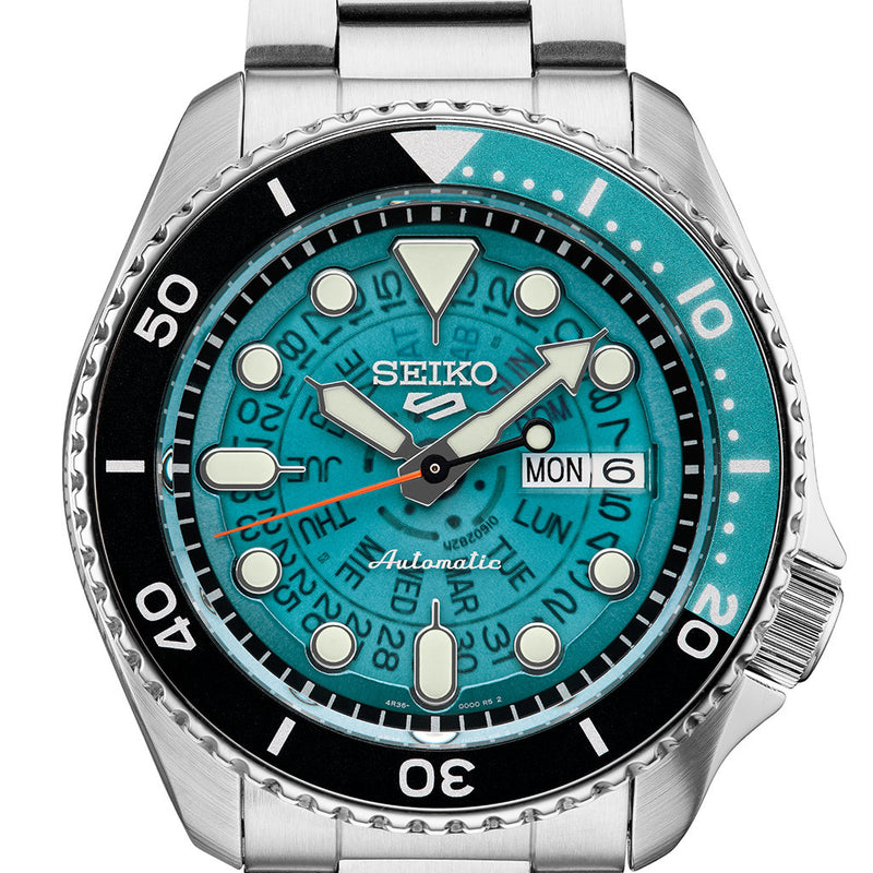 Seiko 5 Sports Automatic Watch with Blue See-Thru Dial #SRPJ45 dial zoom