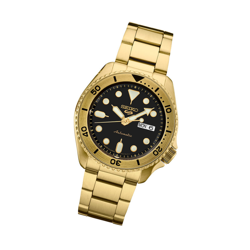 Seiko 5 Sports Automatic Watch with Black Dial and Goldtone Case #SRPK18 tilt