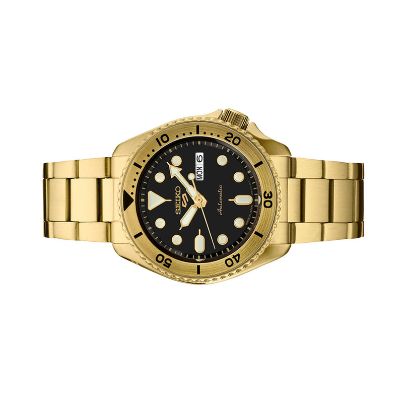 Seiko 5 Sports Automatic Watch with Black Dial and Goldtone Case #SRPK18 side