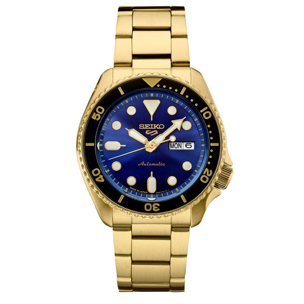 Seiko 5 Sports Automatic Watch with Blue Dial and Goldtone Case #SRPK20 zoom