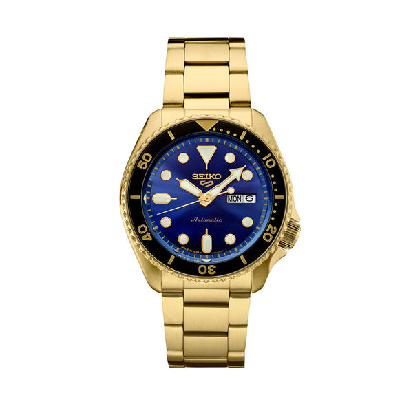 Seiko 5 Sports Automatic Watch with Blue Dial and Goldtone Case #SRPK20