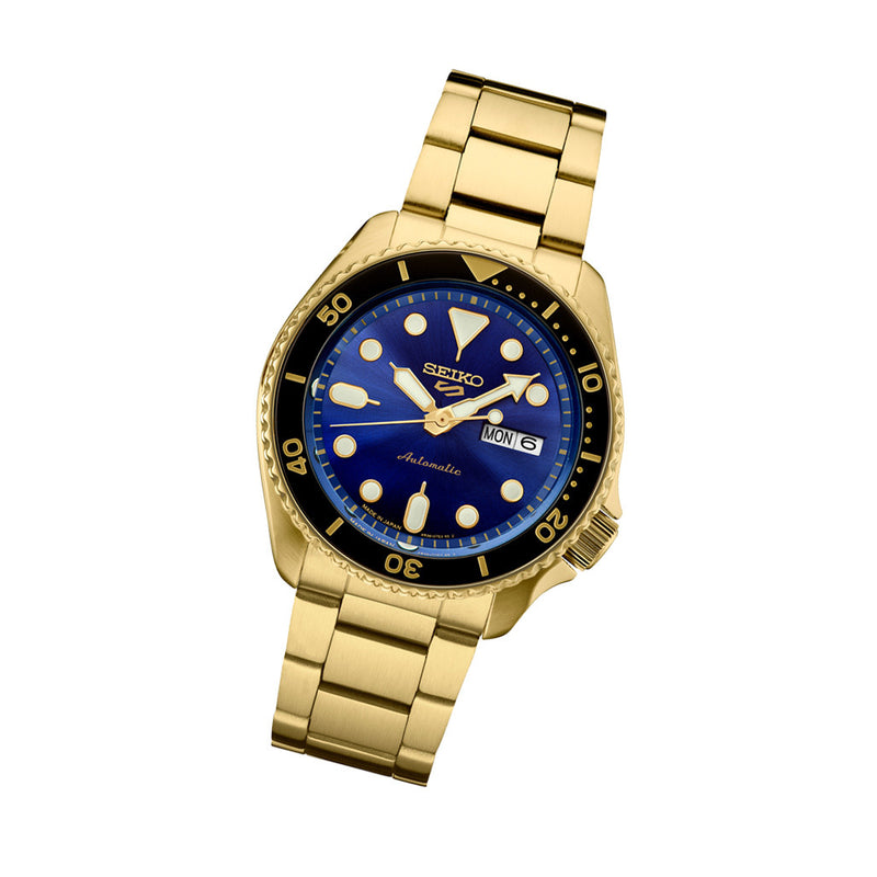 Seiko 5 Sports Automatic Watch with Blue Dial and Goldtone Case #SRPK20 tilt