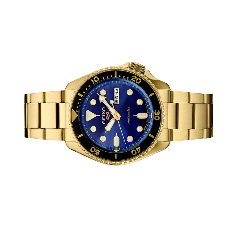 Seiko 5 Sports Automatic Watch with Blue Dial and Goldtone Case #SRPK20 side