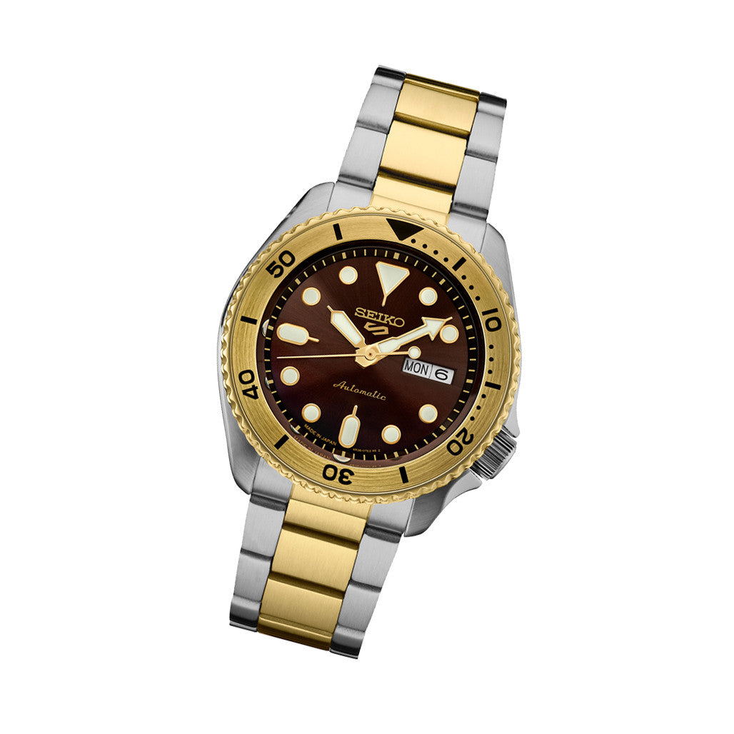 Seiko 5 Sports Automatic Watch with Brown Dial and Two-Tone Case