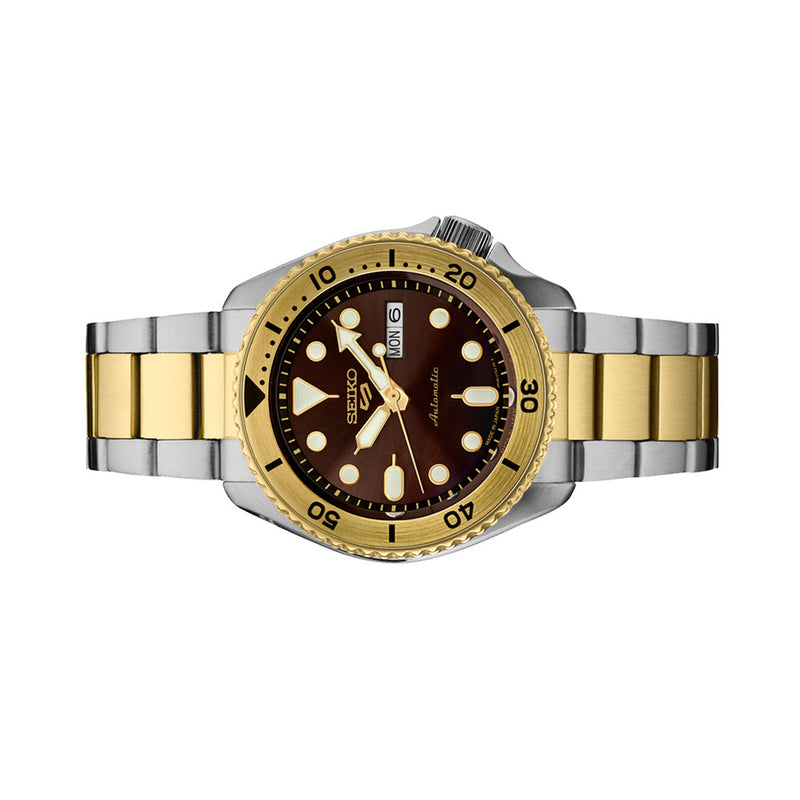 Seiko 5 Sports Automatic Watch with Brown Dial and Two-Tone Case #SRPK24 side