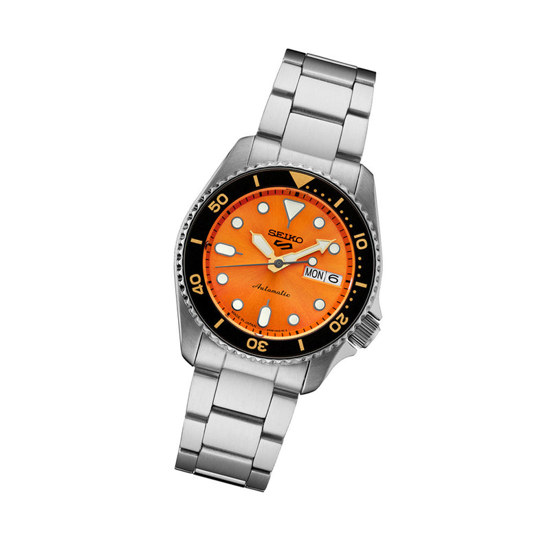 Seiko 5 Sports 38mm Automatic Watch with Vibrant Orange Dial #SRPK35 tilt