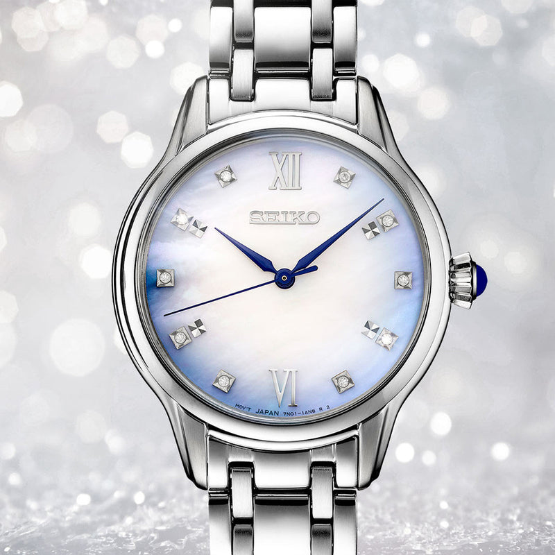 Seiko Diamonds Blue Mother of Pearl Quartz Dress Watch with Sapphire Crystal #SRZ539 lifestyle
