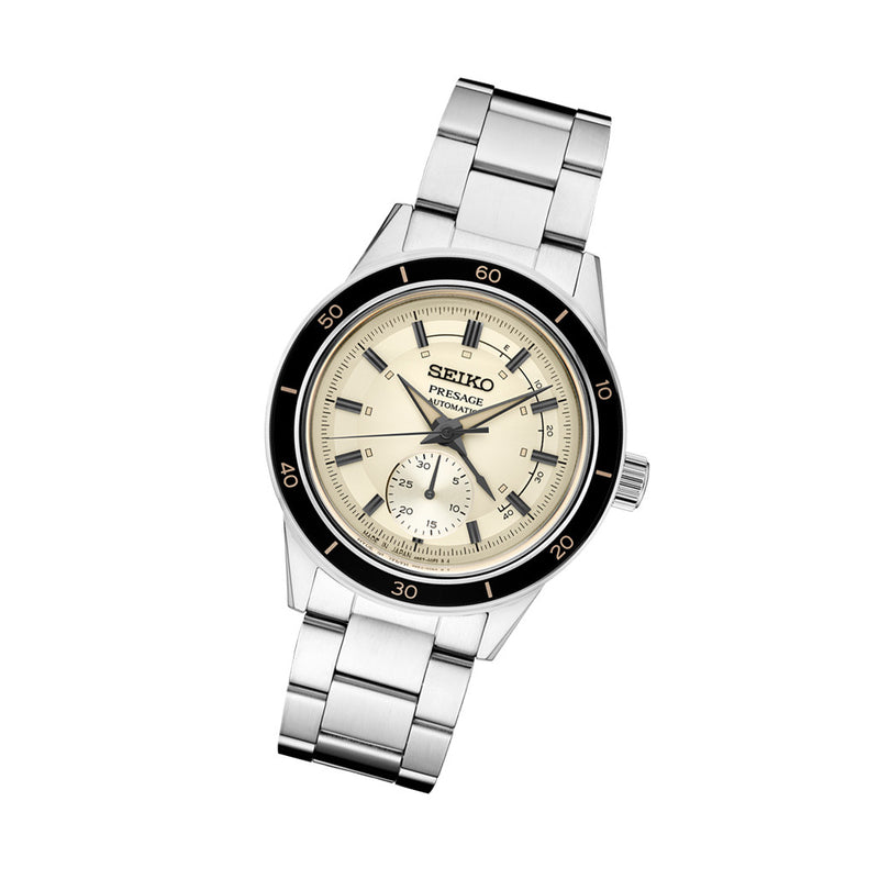 Seiko Presage 60's Style Automatic Dress Watch with Power Reserve Meter and Cream Dial #SSA447 tilt