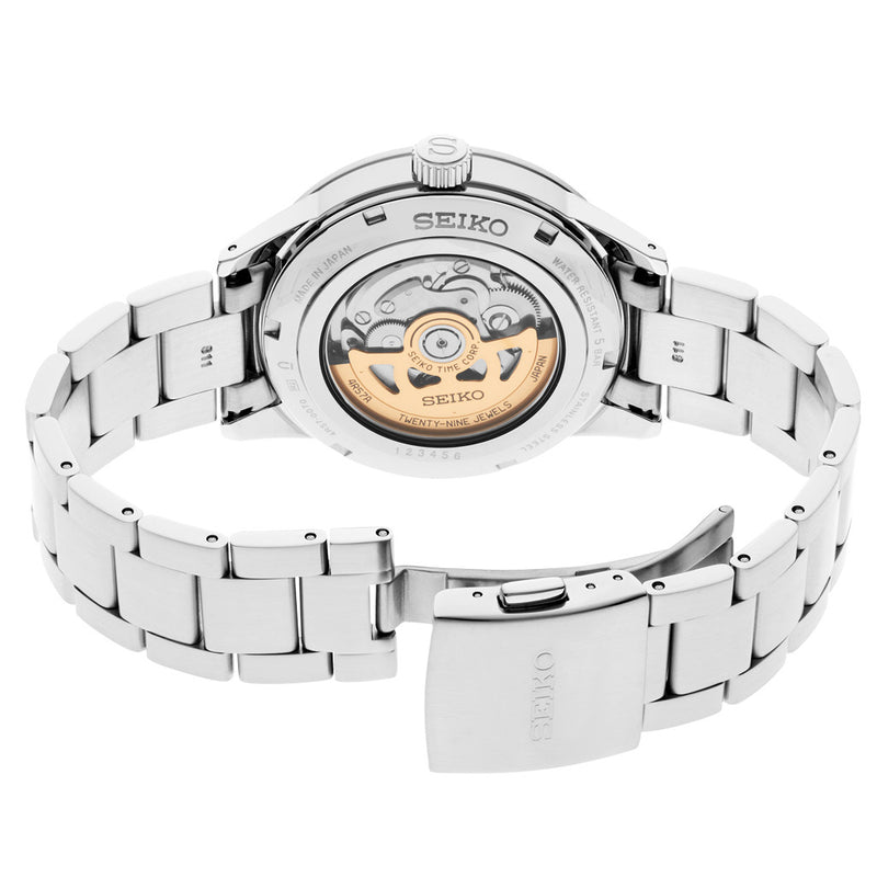 Seiko Presage 60's Style Automatic Dress Watch with Power Reserve Meter and Dark Grey Dial #SSA449 back
