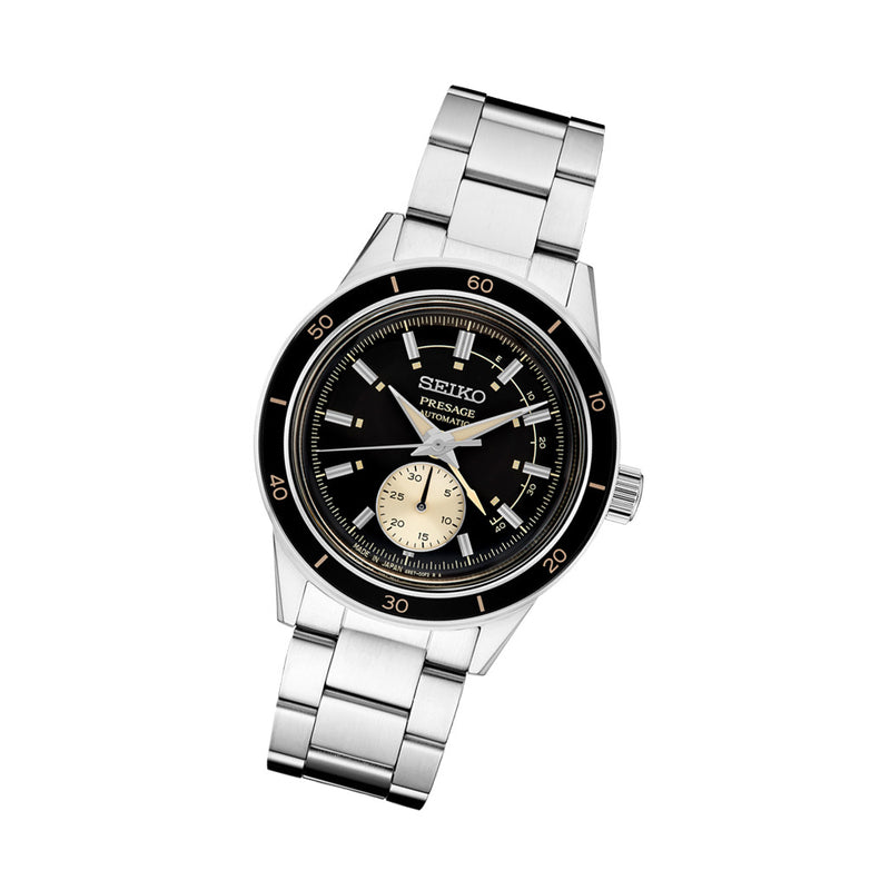 Seiko Presage 60's Style Automatic Dress Watch with Power Reserve Meter and Dark Grey Dial #SSA449 tilt