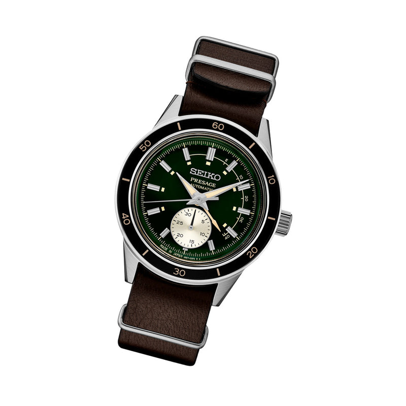 Seiko Presage 60's Style Automatic Dress Watch with Power Reserve Meter and Green Dial #SSA451 tilt