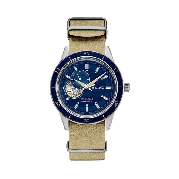 Seiko Presage 60's Style Automatic Dress Watch with Open Heart Blue Dial #SSA453