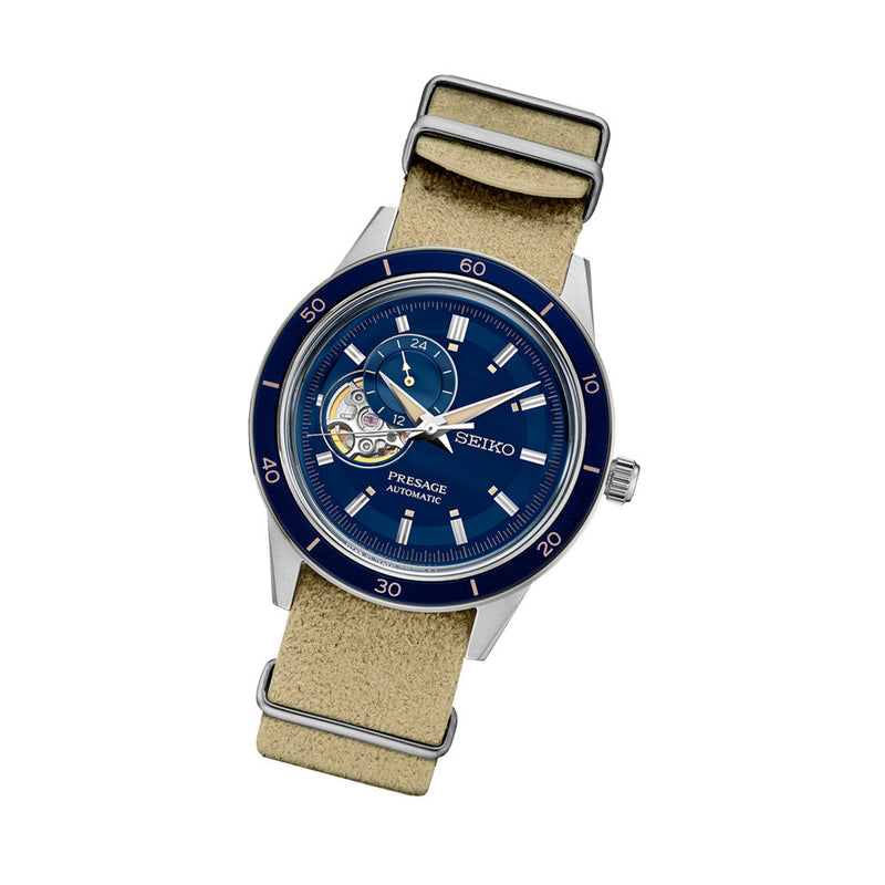 Seiko Presage 60's Style Automatic Dress Watch with Open Heart Blue Dial #SSA453 tilt