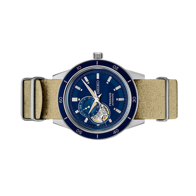 Seiko Presage 60's Style Automatic Dress Watch with Open Heart Blue Dial #SSA453 side