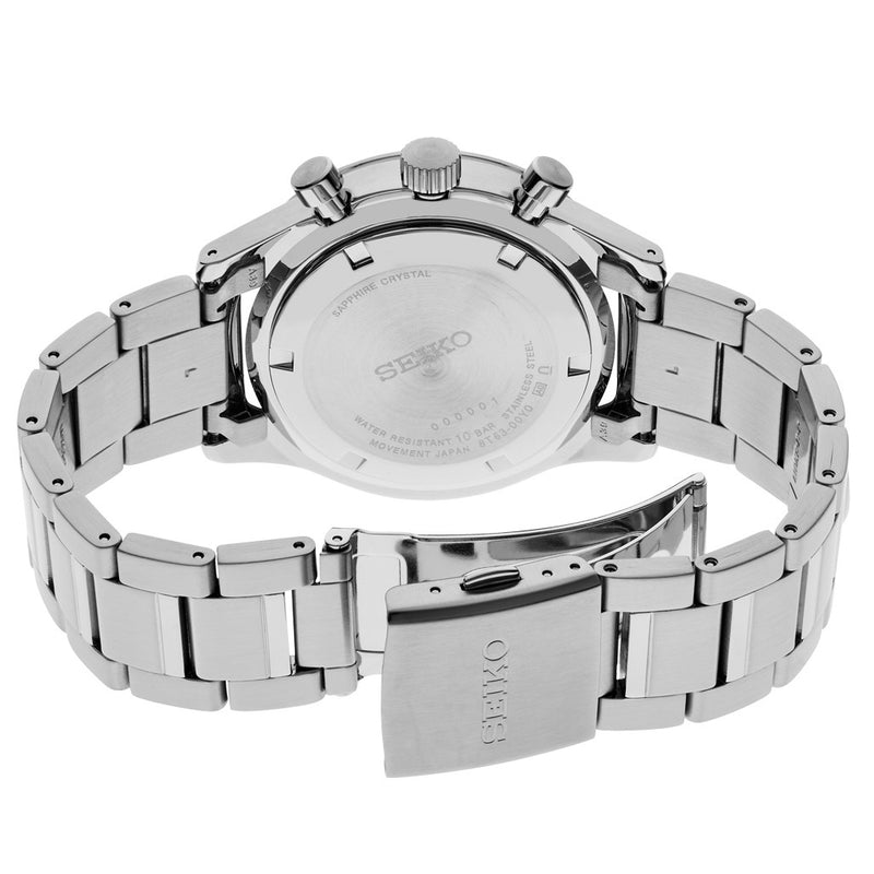 Seiko Essentials Quartz Chronograph with Black Dial and Steel Bracelet #SSB413 back
