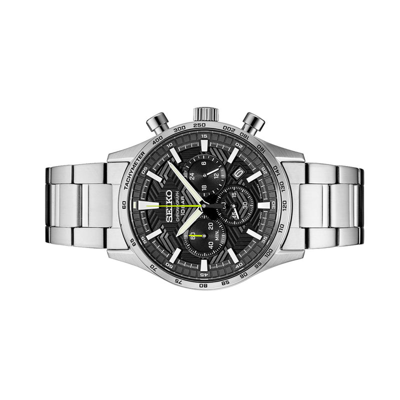 Seiko Essentials Quartz Chronograph with Black Dial and Steel Bracelet #SSB413 side