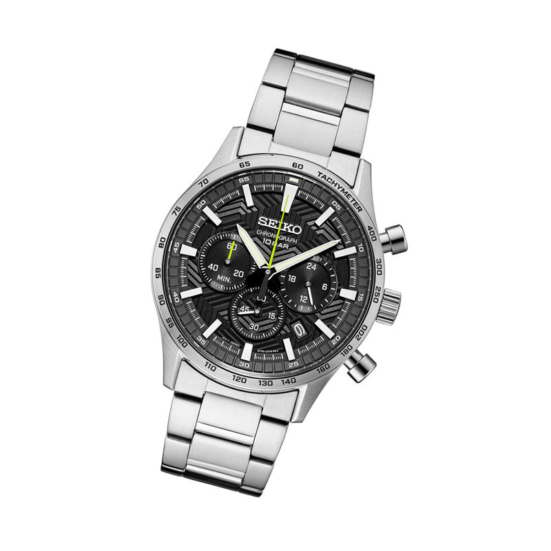 Seiko Essentials Quartz Chronograph with Black Dial and Steel Bracelet #SSB413 tilt