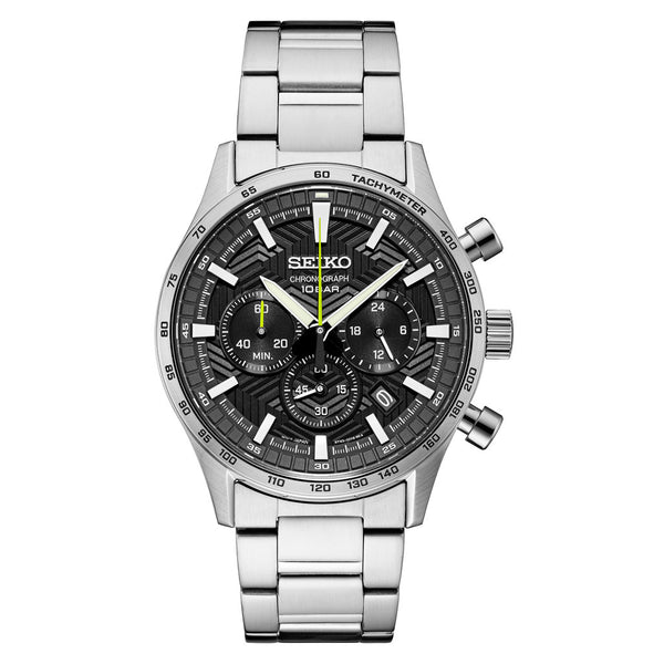 Seiko Essentials Quartz Chronograph with Black Dial and Steel Bracelet #SSB413 zoom