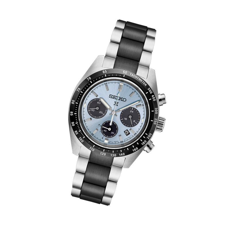 Seiko LIMITED EDITION Prospex Speedtimer Solar Chronograph with Ice Blue Dial #SSC909 tilt