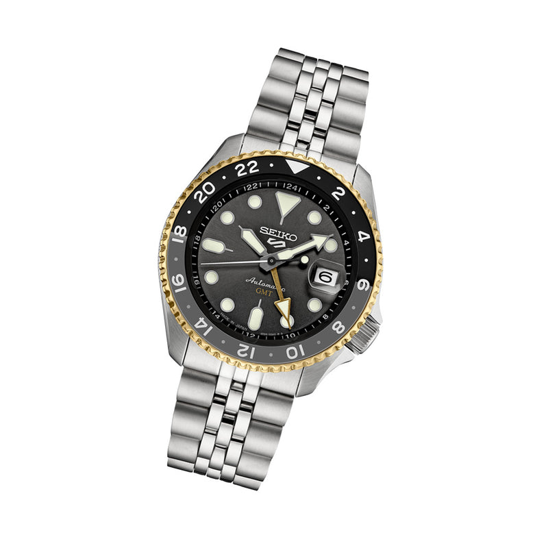 Seiko 5 Sports Automatic GMT Watch with Grey Dial and Gold Accents #SSK021