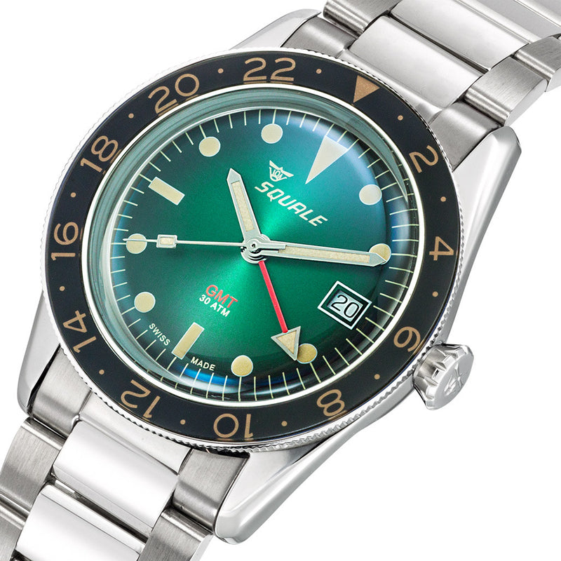 Squale 300 Meter Swiss Automatic GMT-Dive Watch with Green Dial and Bracelet #SUB-39GMGR.BR22
